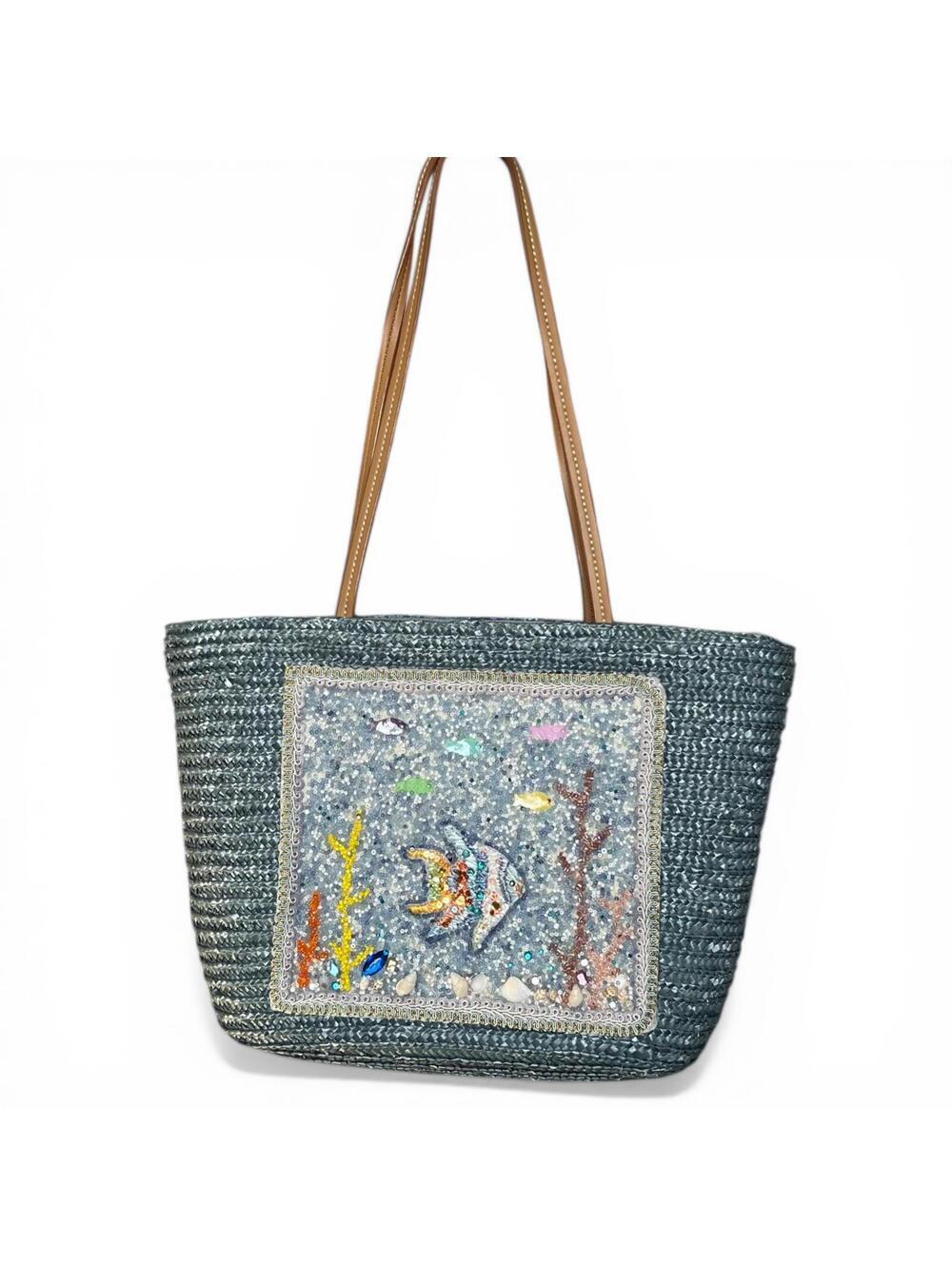 Vintage Sequin and Beaded Fish Design Straw Tote Bag with Leather Handles